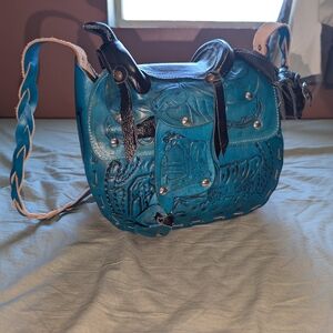 Wild Wings Hand-Tooled Turquoise Western Saddle and Horse Crossbody Bag